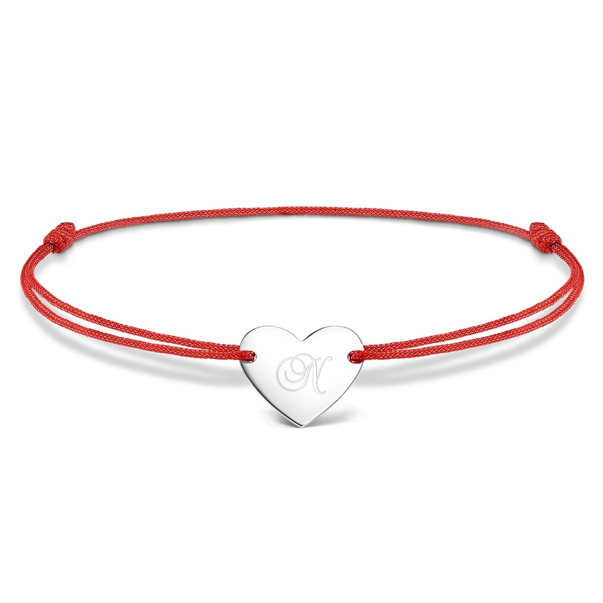Personalised cord bracelet - heart 12x10 mm - 925 silver - initial model 3