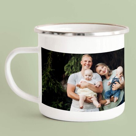 Customised enamel metal mug with a landscape photo