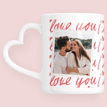Personalised mug with photo and text - I love you! - heart-shaped handle design