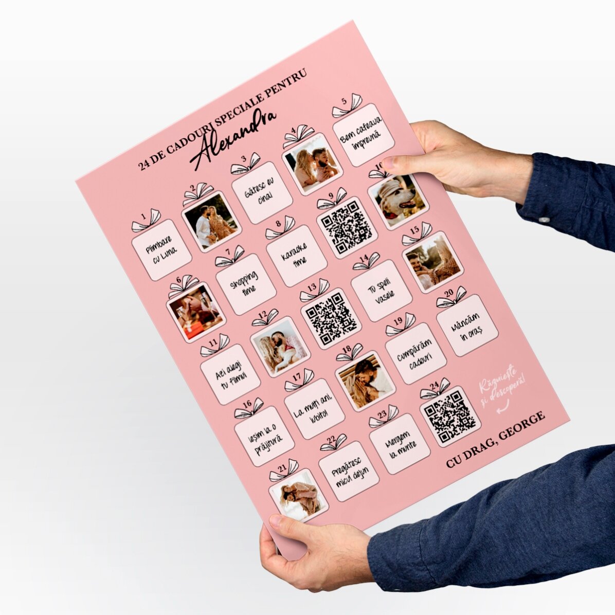 Spersonalizowany plakat adwentowy do zdrapania ze zdjęciami, wiadomością i kodem QR