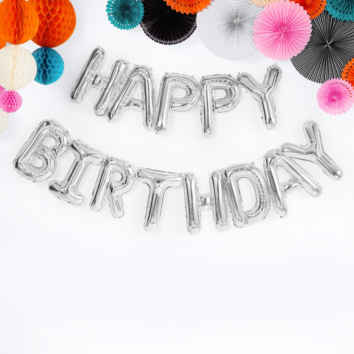Zestaw balonów – „Happy Birthday” w kolorze srebrnym