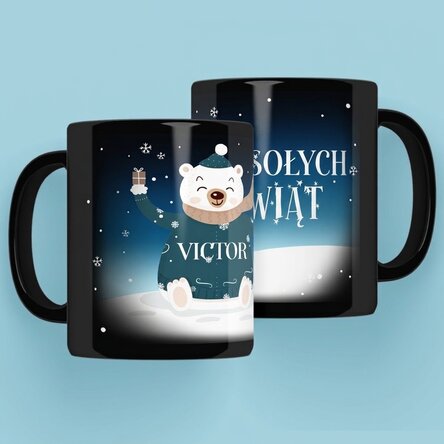 Spersonalizowany czarny kubek z Twoim imieniem i napisem – Happy Bear