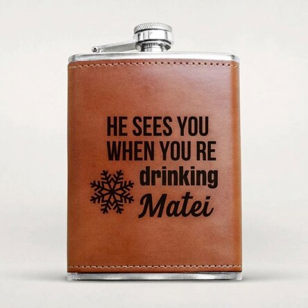 Personalised leather-covered hip flask - He sees you when you're drinking