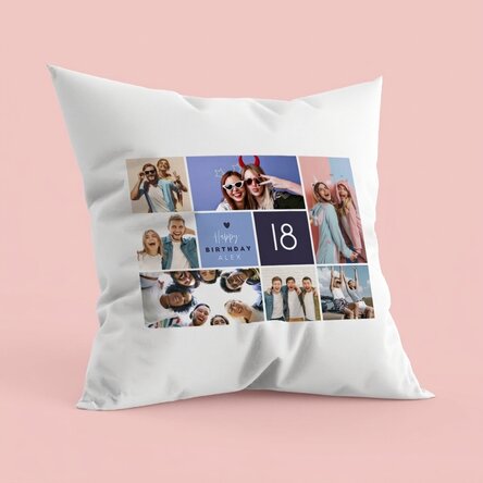 Personalised cushion with 7 portrait photos and text - Happy birthday