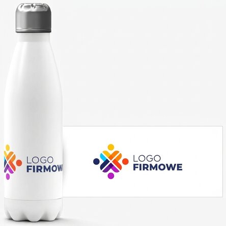 Termos z białą podstawą, spersonalizowany z logo w orientacji poziomej