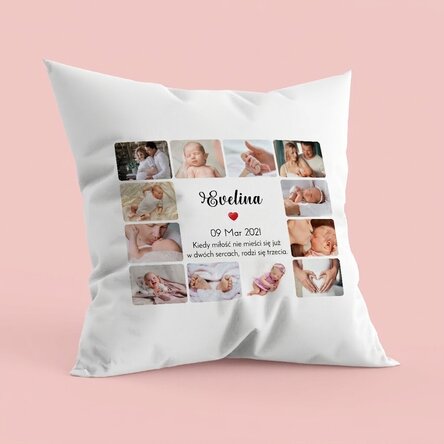 Spersonalizowana poduszka z 12 zdjęciami i napisem – Baby