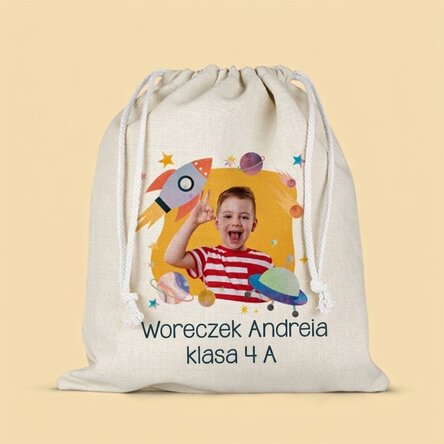 Worek do przedszkola z indywidualnym nadrukiem tekstu i zdjęcia – Space rocket