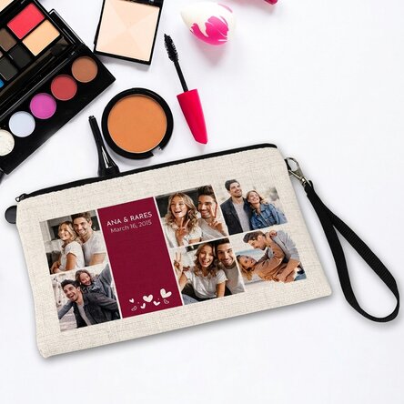 Personalised cosmetics bag with text and 6 photos