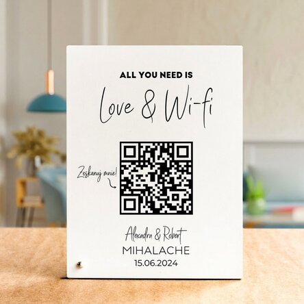 Spersonalizowana ramka na zdjęcia na biurko z napisem i kodem QR – „Scan for Wi-Fi” (białe tło)