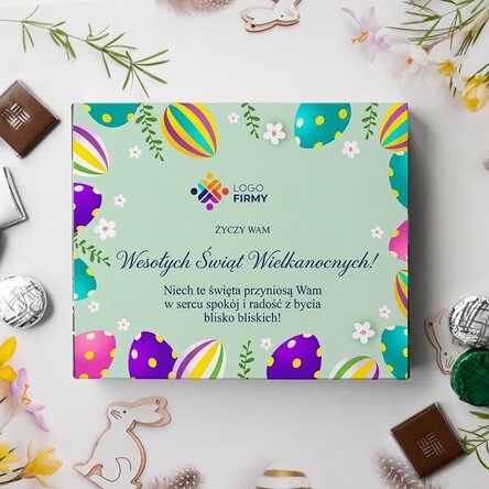 Pudełko cukierków z indywidualnym nadrukiem z logo i napisem – Wesołych Świąt Wielkanocnych!