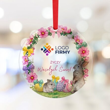 Okrągła ozdoba z nadrukiem logo i napisem – Wesołych Świąt Wielkanocnych!