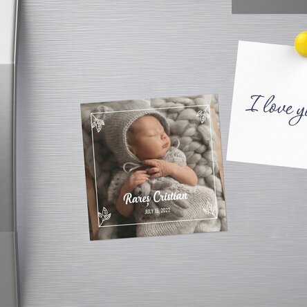 Personalised 10x10 magnet keepsake for christening with a photo and text