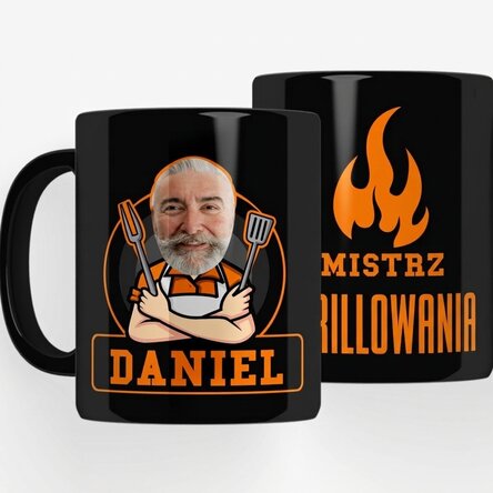 Spersonalizowany czarny kubek z napisem dla miłośników grillowania