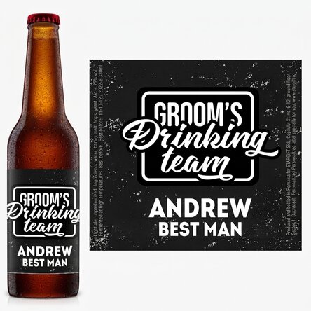 Personalised beer with text for stag parties - Groom's drinking team