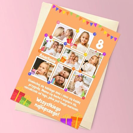 Spersonalizowana kartka urodzinowa z magnesem, z 8 zdjęciami i wiadomością dla dzieci – Urodziny