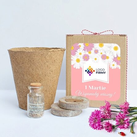 Zestaw do sadzenia wiosennych kwiatów w spersonalizowanym pudełeczku z logo i dedykacją – Floral