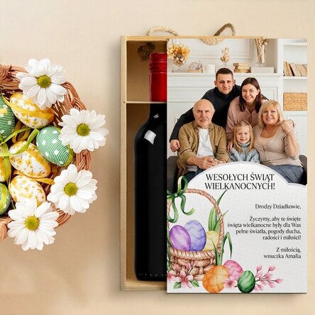 Pudełko na wino na 2 butelki, spersonalizowane zdjęciem i wiadomością z okazji Wielkanocy