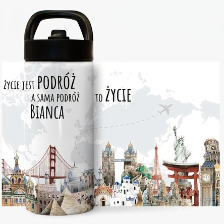 Termos z uchwytem i słomką, spersonalizowany imieniem – Podróż to życie