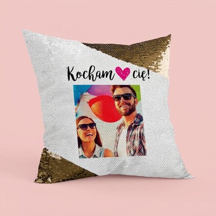 Spersonalizowana poduszka ze zdjęciem – „I love you” – złote cekiny