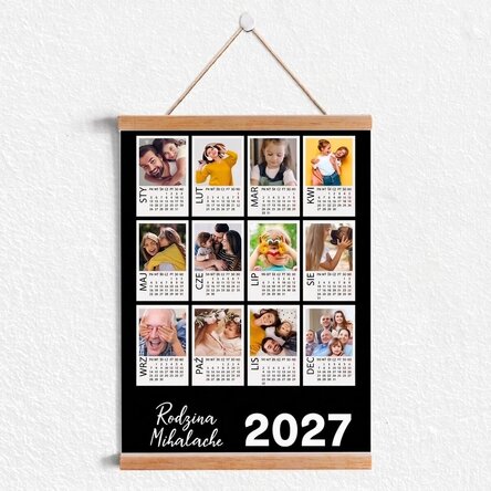 Spersonalizowany plakat-kalendarz z zawieszką, zawierający 12 zdjęć w stylu polaroidowym i kolorowe