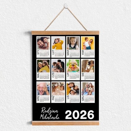 Spersonalizowany plakat-kalendarz z zawieszką, zawierający 12 zdjęć w stylu polaroidowym i kolorowe