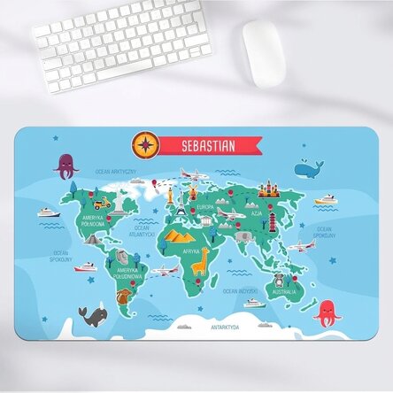 Spersonalizowana podkładka pod mysz XXL z imieniem dla dzieci – Mapa świata
