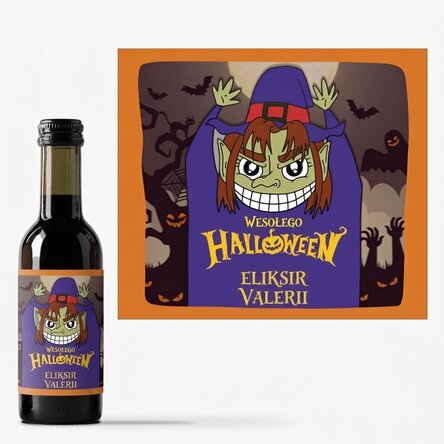 Mała buteleczka wina z indywidualnym napisem – Happy Halloween Witch