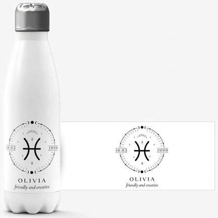 Thermos with white base personalised with text and Pisces zodiac sign