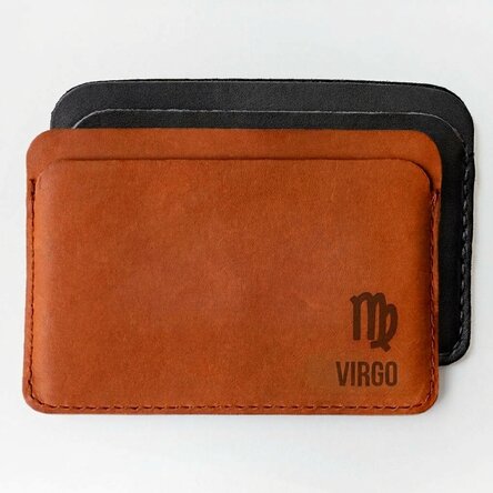 Personalised leather wallet with name and Virgo zodiac sign