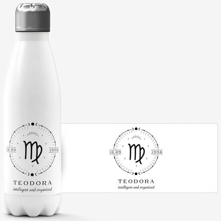 Thermos with white base personalised with text and Virgo zodiac sign