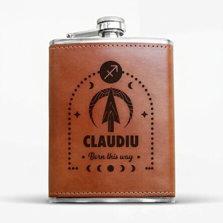 Leather-covered pocket flask personalised with text and zodiac sign - Sagittarius