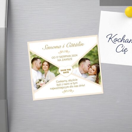 Spersonalizowany magnes o wymiarach 12 x 10 cm z 2 zdjęciami i tekstem – „Save the date”