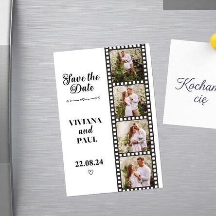 Spersonalizowany magnes o wymiarach 10 x 15 cm z 4 zdjęciami i tekstem – „Save the date”