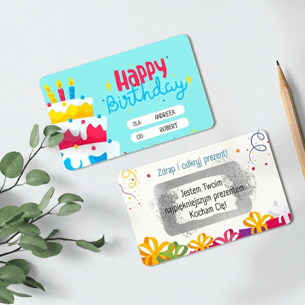 Spersonalizowana, dwustronna karta z aluminium do zdrapywania z napisem – Happy Birthday