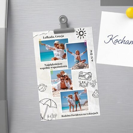 Spersonalizowany magnes o wymiarach 10 x 15 cm z 4 zdjęciami i tekstem – Holiday