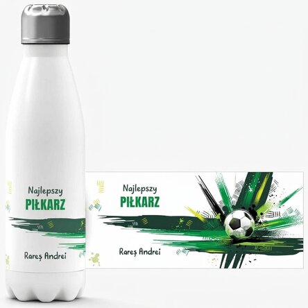 Termos z białą podstawą, spersonalizowany napisem – Piłka