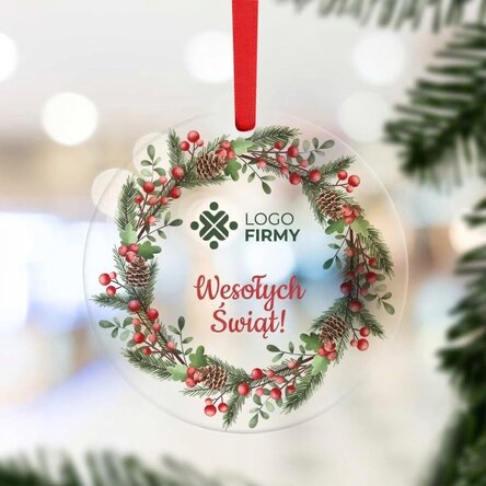 Okrągła ozdoba z indywidualnym nadrukiem logo i napisem – Wesołych Świąt!