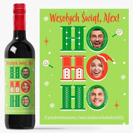 Wino z indywidualnym nadrukiem z napisem i trzema świątecznymi zdjęciami – HO HO HO