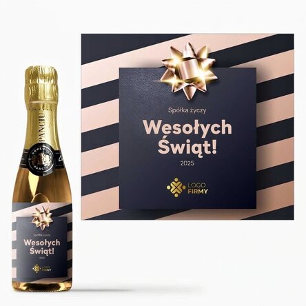 Mała buteleczka wina musującego z nadrukiem logo i napisem – prezent świąteczny