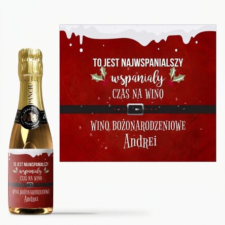 Mała buteleczka wina musującego z indywidualnym napisem – „Most wonderful time”