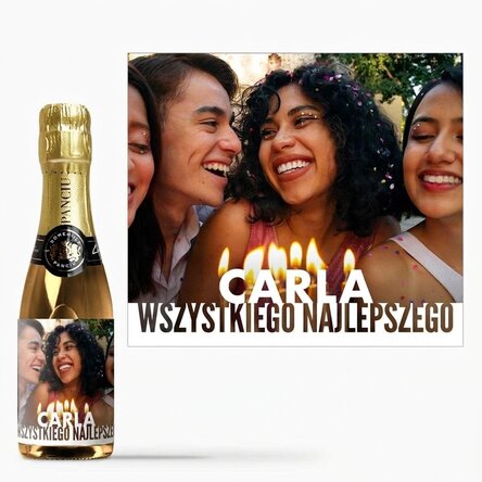 Mała buteleczka wina musującego z personalizowanym zdjęciem i imieniem na urodziny