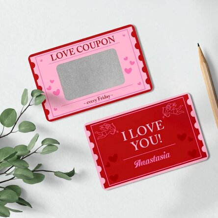 Spersonalizowana, dwustronna karta aluminiowa do zdrapywania z napisem – Love Coupon