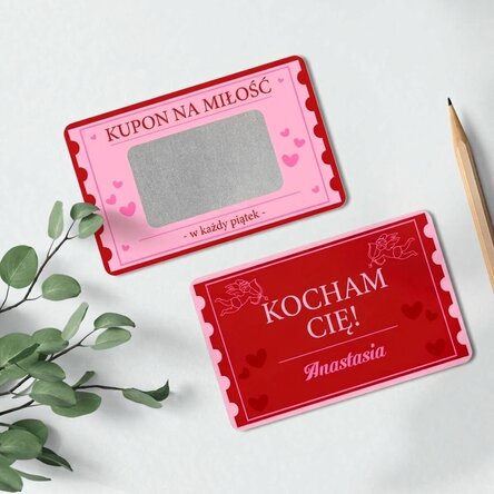 Spersonalizowana, dwustronna karta aluminiowa do zdrapywania z napisem – Love Coupon