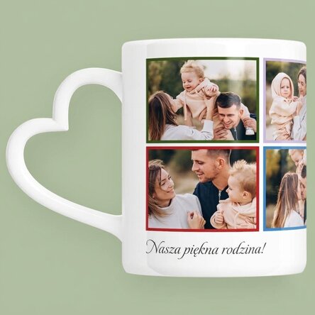Spersonalizowany kubek z 8 zdjęciami i napisem – model z uchwytem w kształcie serca