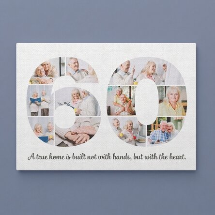 Personalised landscape canvas print with 11 photos, model number 60, and text message