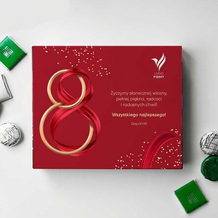 Pudełko cukierków z indywidualnym nadrukiem z logo i napisem – 8 marca