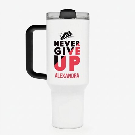 Termos z uchwytem i słomką, spersonalizowany imieniem – Never give up