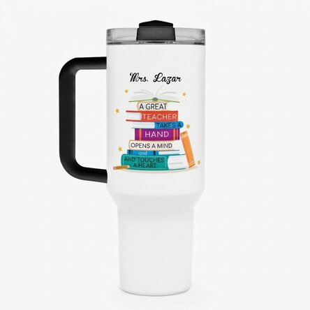 Thermos mug with handle and straw, personalised with message - Books