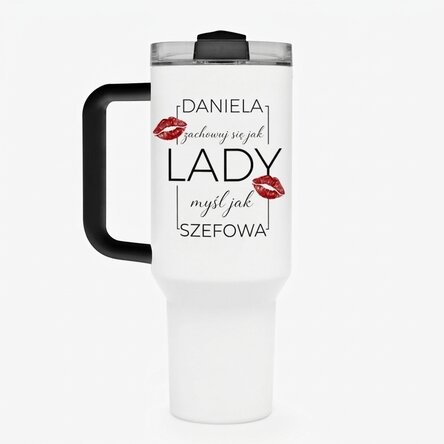 Termos z uchwytem i słomką, spersonalizowany napisem – „Think like a lady, act like a boss”