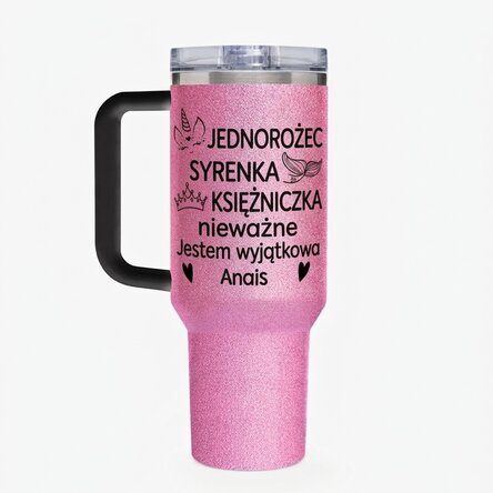 Termos z uchwytem i słomką, spersonalizowany z napisem – „I'm special”